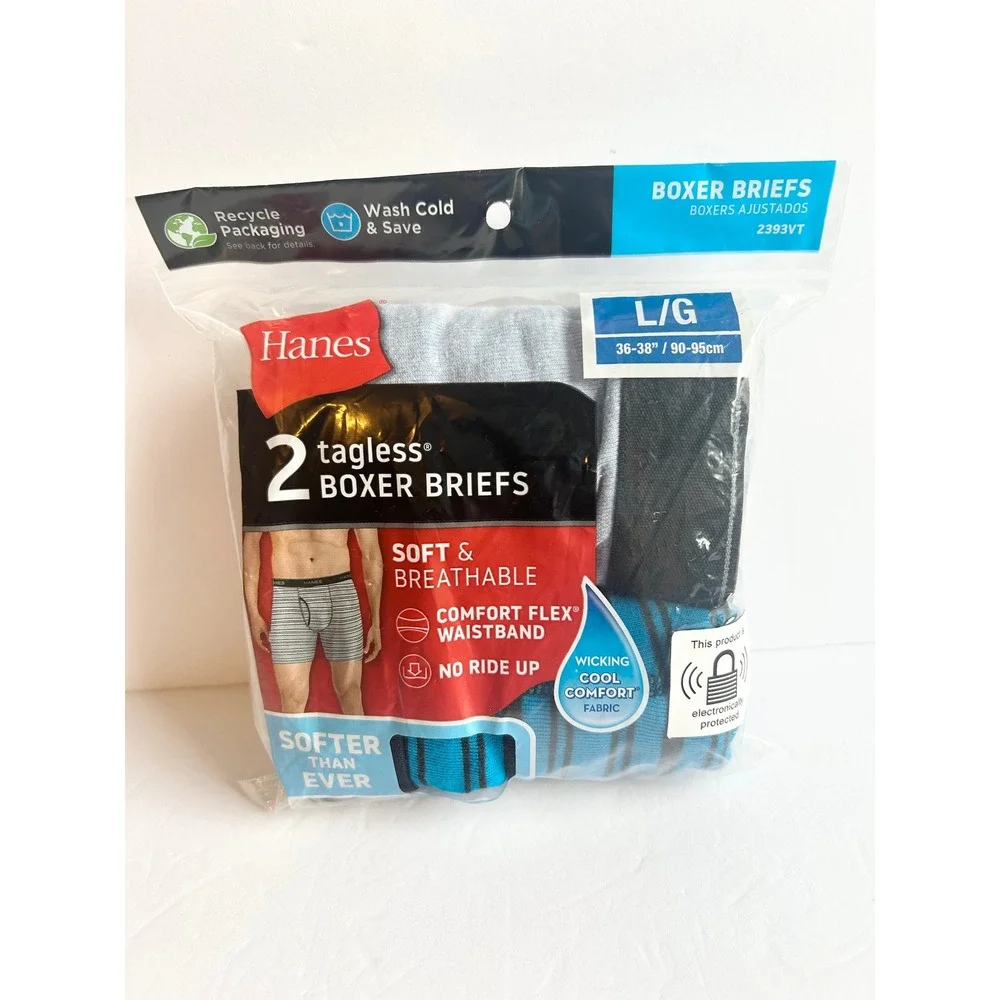 Hanes Mens 2 Pack Tagless Boxer Briefs Cool Comfort Blue Stripe Grey L